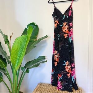 Black and pink floral and polka dot maxi dress
